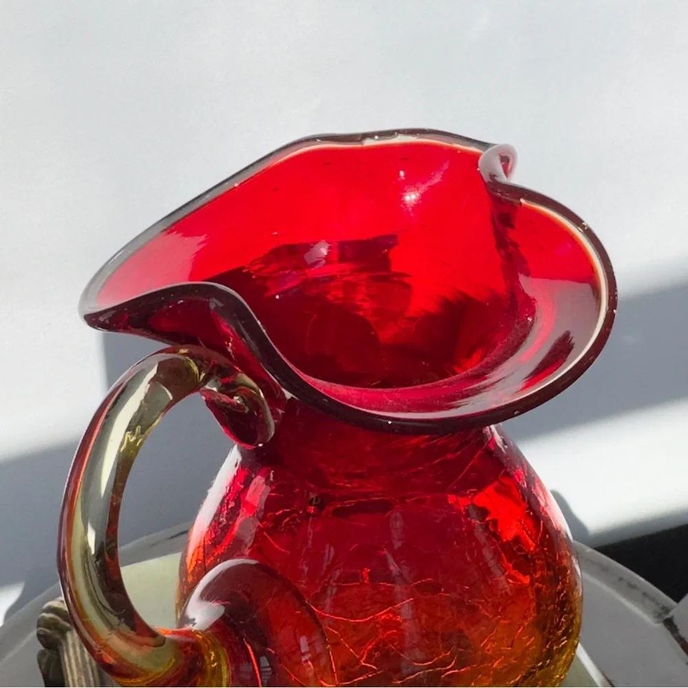 Vintage Amberina‎ Crackle Glass Pitcher Red Yellow Ombre Hand Blown Mini Pitcher